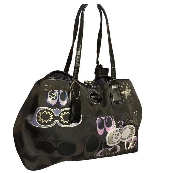 Coach Optic C Signature C Applique Poppy Glam Kisslock Tote Bag Black Purple - Picture 2 of 11